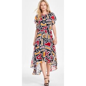Karl Lagerfeld Paris Multi Color Abstract Geometric High Low Midi Dress 4